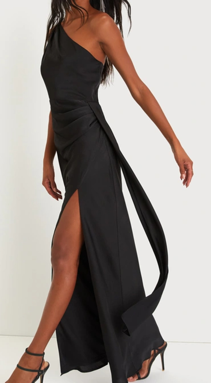 LULU'S SZ L Signature Elegance Black Satin One-Shoulder Maxi Dress NEW B23